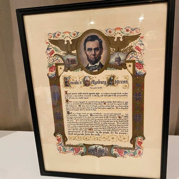 Antique Embossed Lithograph Lincoln Gettysburg Address 17x13 Framed - Picture 2 of 3